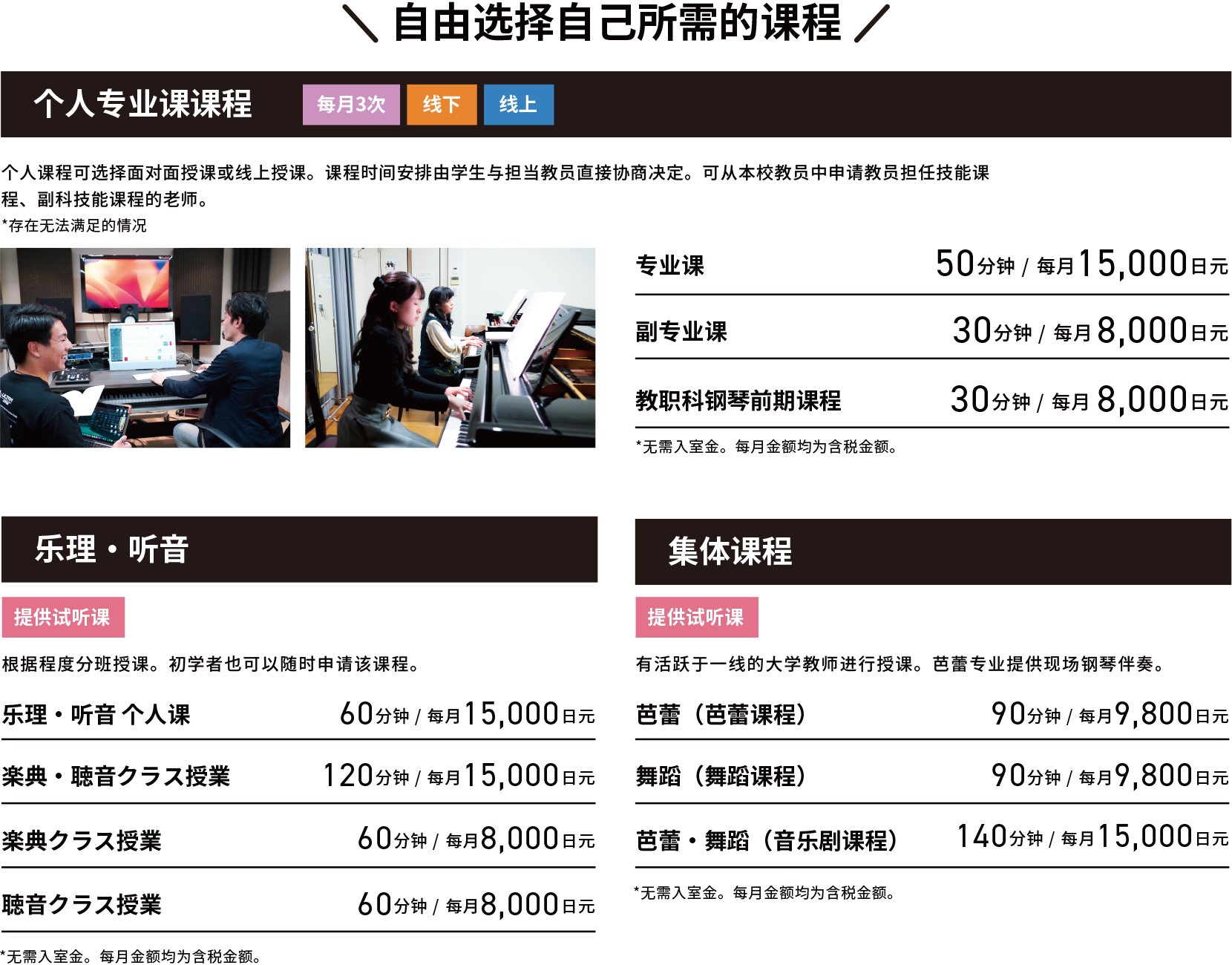 自由选择自己所需的课程 每月3次 线下 线上 个人专业课课程 个人课程可选择面对面授课或线上授课。课程时间安排由学生与担当教员直接协商决定。可从本校教员中申请教员担任技能课程、副科技能课程的老师。*存在无法满足的情况 专业课 50分钟 / 每月15,000日元 副专业课 30分钟 / 每月8,000日元 教职科钢琴前期课程 30分钟 / 每月8,000日元 *无需入室金。每月金额均为含税金额。 乐理・听音 提供试听课 根据程度分班授课。初学者也可以随时申请该课程。 乐理・听音 个人课 60分钟 / 每月15,000日元 楽典・聴音クラス授業 120分钟 / 每月15,000日元 楽典クラス授業 60分钟 / 每月8,000日元 聴音クラス授業 60分钟 / 每月8,000日元 *无需入室金。每月金额均为含税金额。 集体课程 提供试听课 有活跃于一线的大学教师进行授课。芭蕾专业提供现场钢琴伴奏。芭蕾（芭蕾课程） 90分钟 / 每月9,800日元 舞蹈（舞蹈课程） 90分钟 / 每月9,800日元 芭蕾・舞蹈（音乐剧课程） 140分钟 / 每月15,000日元 *无需入室金。每月金额均为含税金额。